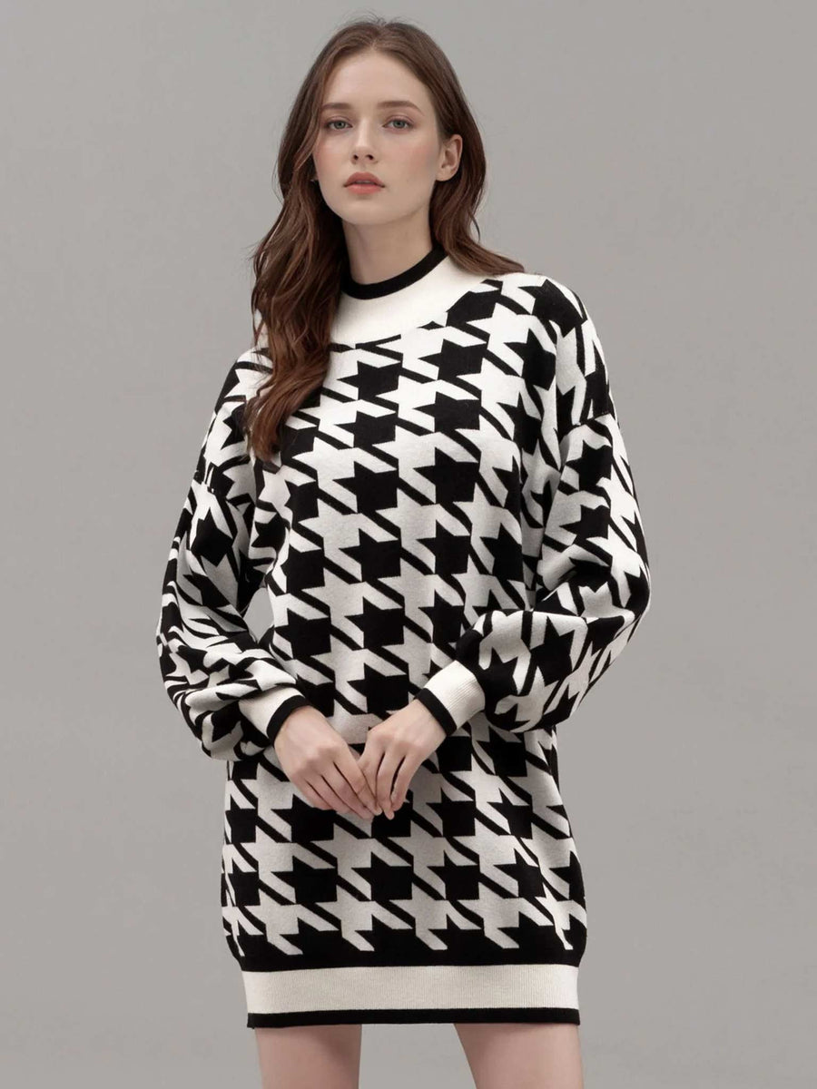 houndstooth sweater dress Mock Neck Houndstooth Sweater Dress – Black & Ivory Mini Knit Dress S