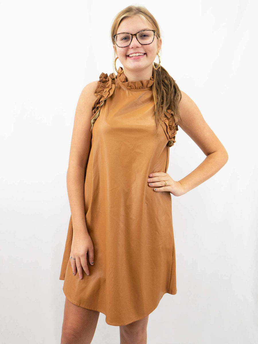 TCEC Faux Leather Ruffle Dress Cream / M TCEC Faux Leather Ruffle Dress Cream / M