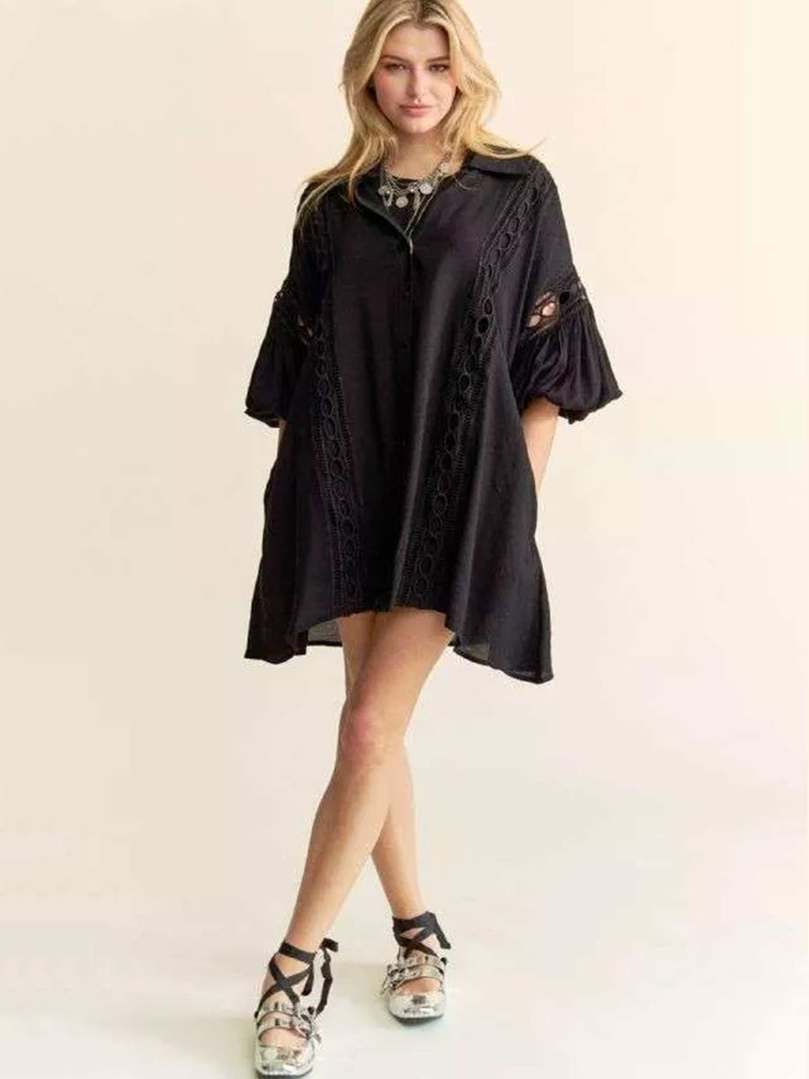Black Crochet Loose Fit Button Down Shirt Dress | Davi and Dani S