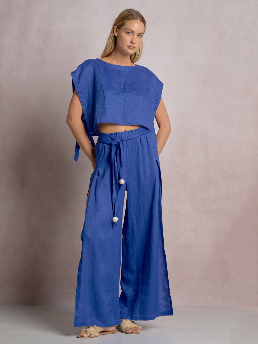 Elan Sapphire Blue Side Slit Wide Leg Pants with Waist Tie