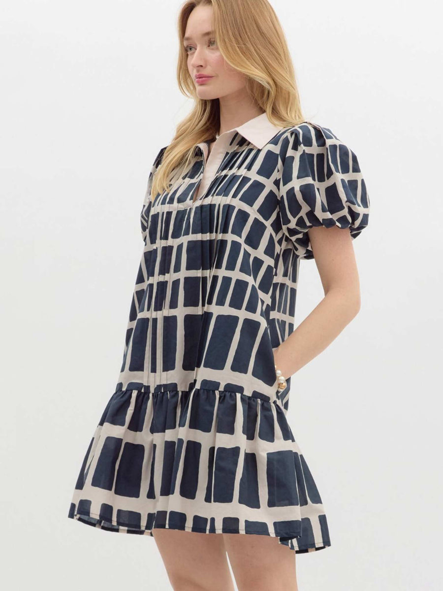 bubble sleeve mini dress Entro Abstract Print Short Bubble Sleeve Mini Dress – Casual Camel Boutique