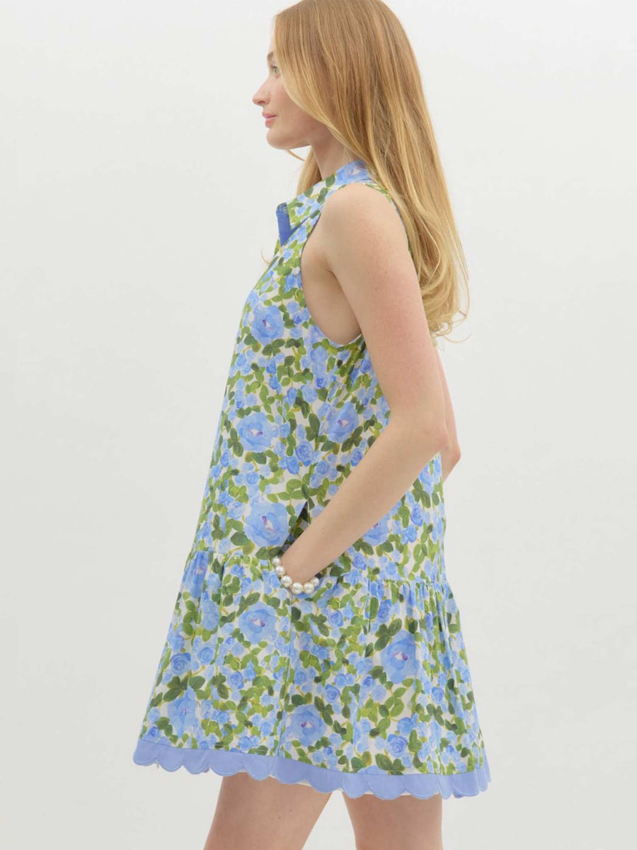 Sleeveless Floral Scallop Shirt Dress by Entro L Sleeveless Floral Scallop Shirt Dress by Entro L