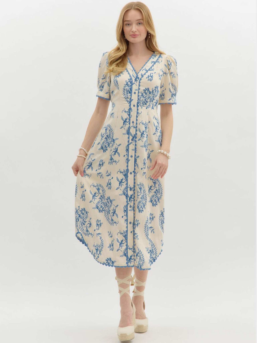 Paisley Blue Scallop Trim Midi Dress | Entro L Paisley Blue Scallop Trim Midi Dress | Entro L