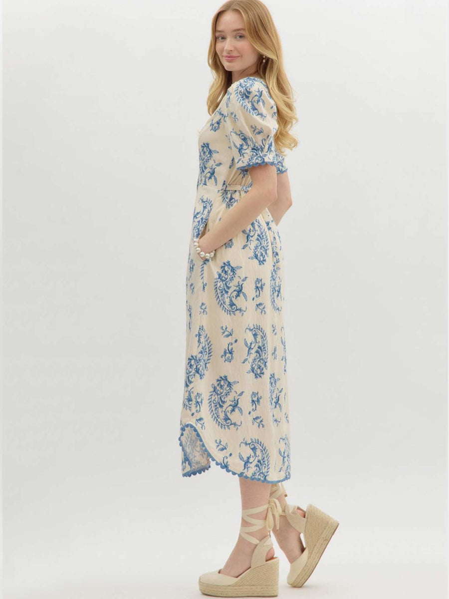 knee length dresses for ladies Light Blue Printed Midi Dress With Tie Straps by Entro
