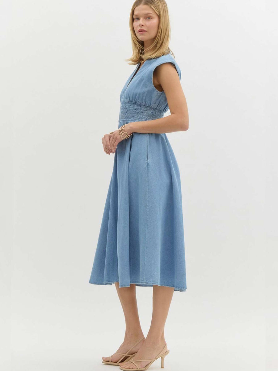 entro denim dress Sleeveless Midi Light Blue / L Corset Back Quinceanera Dress Whistles Frill Boho Midi this dress is finished Size:Adult | 41|R
