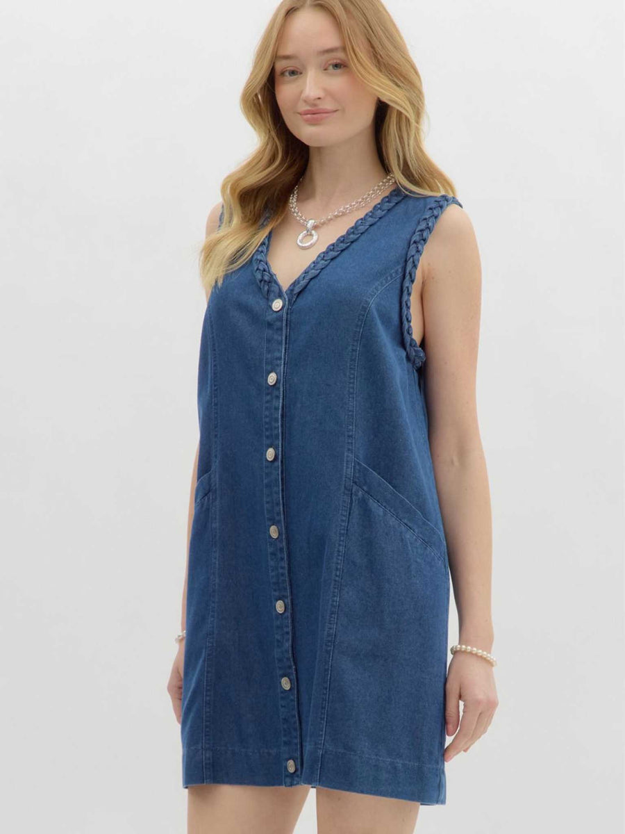 Entro Denim V-Neck Sleeveless Mini Dress Denim Blue / S