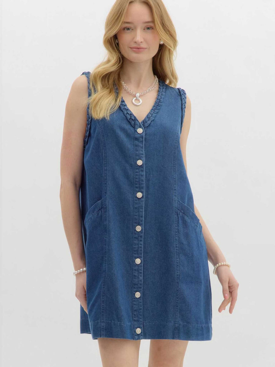 Entro Denim V-Neck Sleeveless Mini Dress Denim Blue / S Entro Denim V-Neck Sleeveless Mini Dress Denim Blue / S