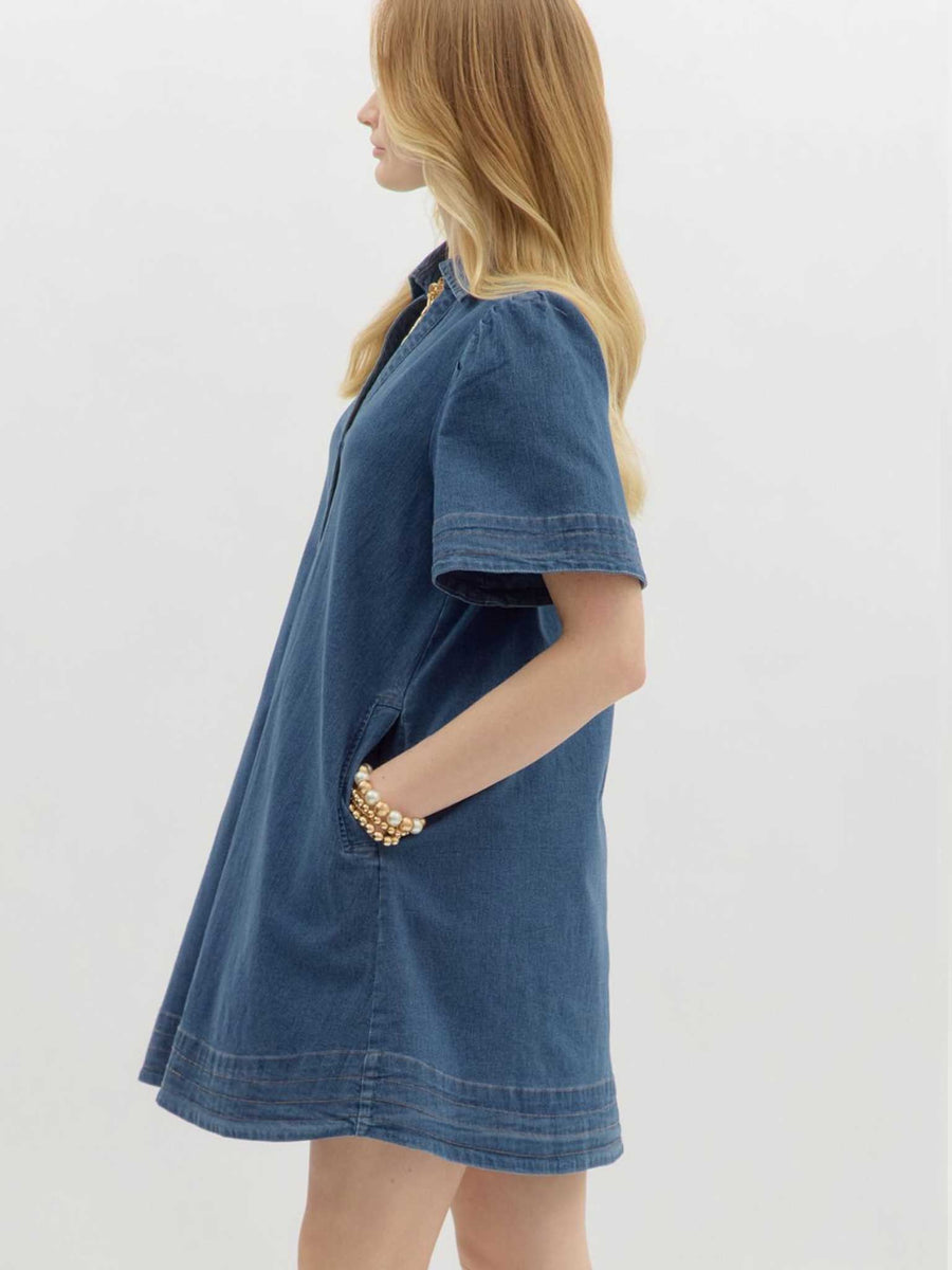 Entro Denim V-Neck Puff Sleeve Mini Dress M