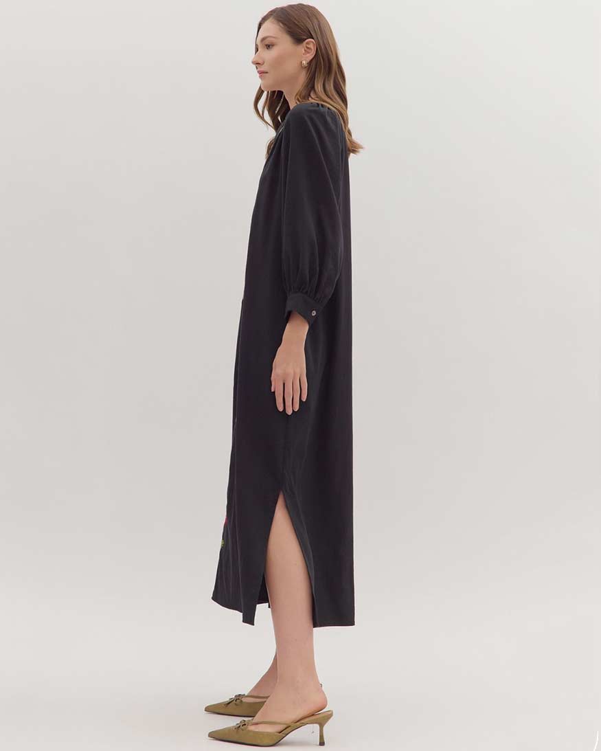 Entro Embroidered Floral Maxi Dress – Black Long Sleeve Dress with V