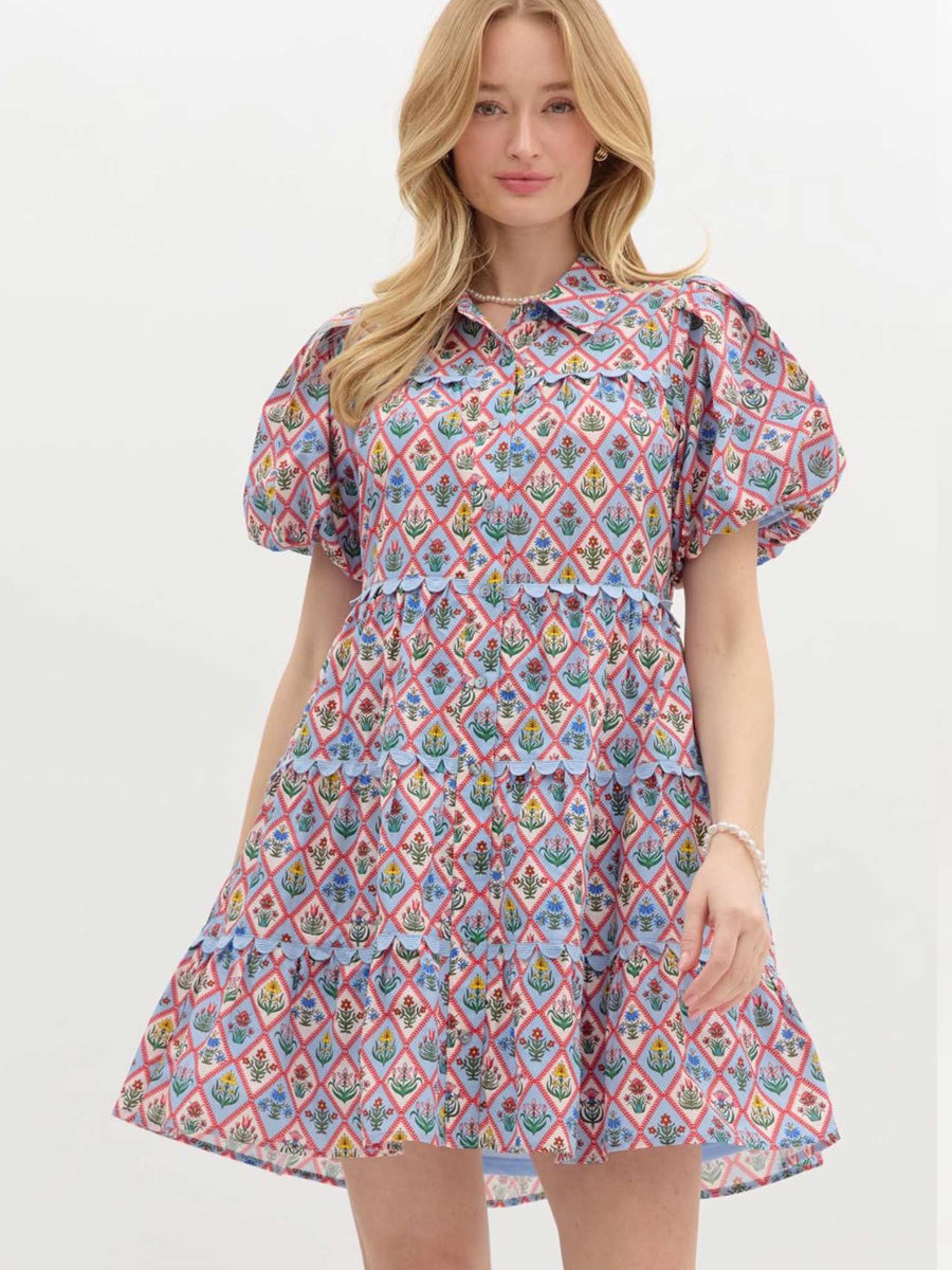 Entro Blue Floral Pattern Tiered Mini Dress M Entro Blue Floral Pattern Tiered Mini Dress M
