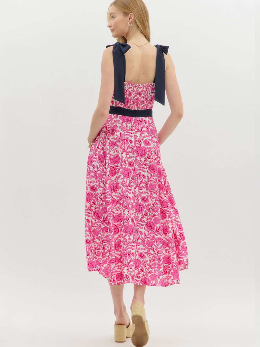 bow tie strap midi dress Floral Print Bow Tie Shoulder Strap Midi Dress in Pink