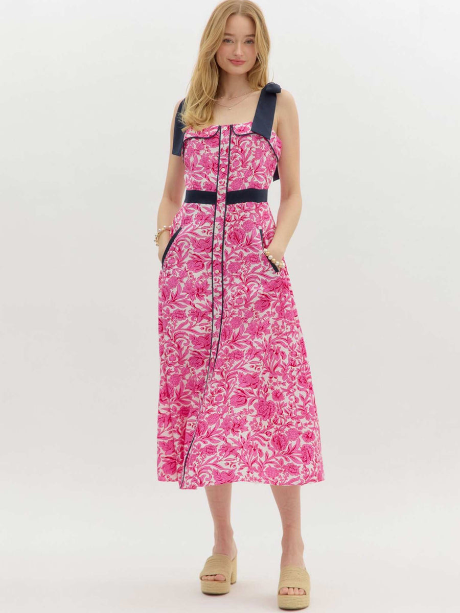 entro floral midi dress Floral Print Bow Tie Shoulder Strap Midi Dress in Pink