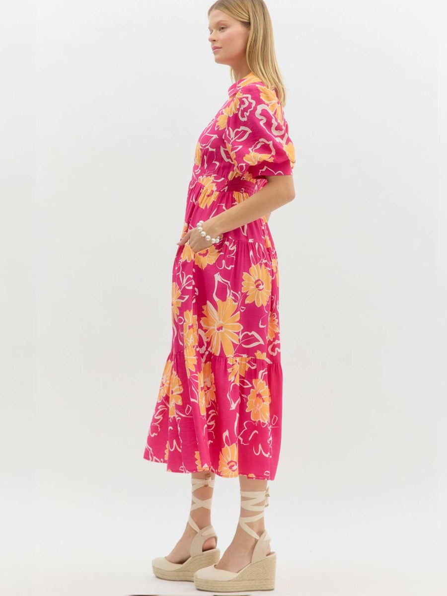 entro pink dress Entro Pink Collared Puff Sleeve Pinstripe Midi Dress