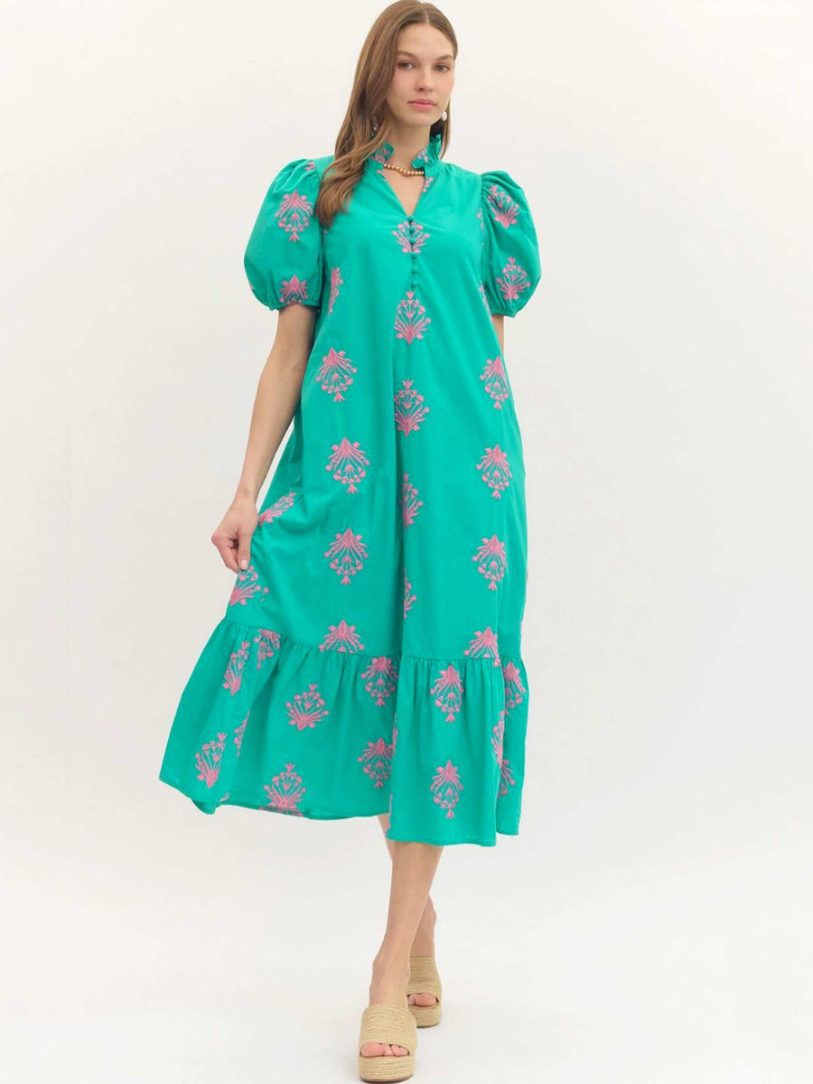 entro embroidered dress Entro Black Embroidered A-Line Midi Dress Black / M