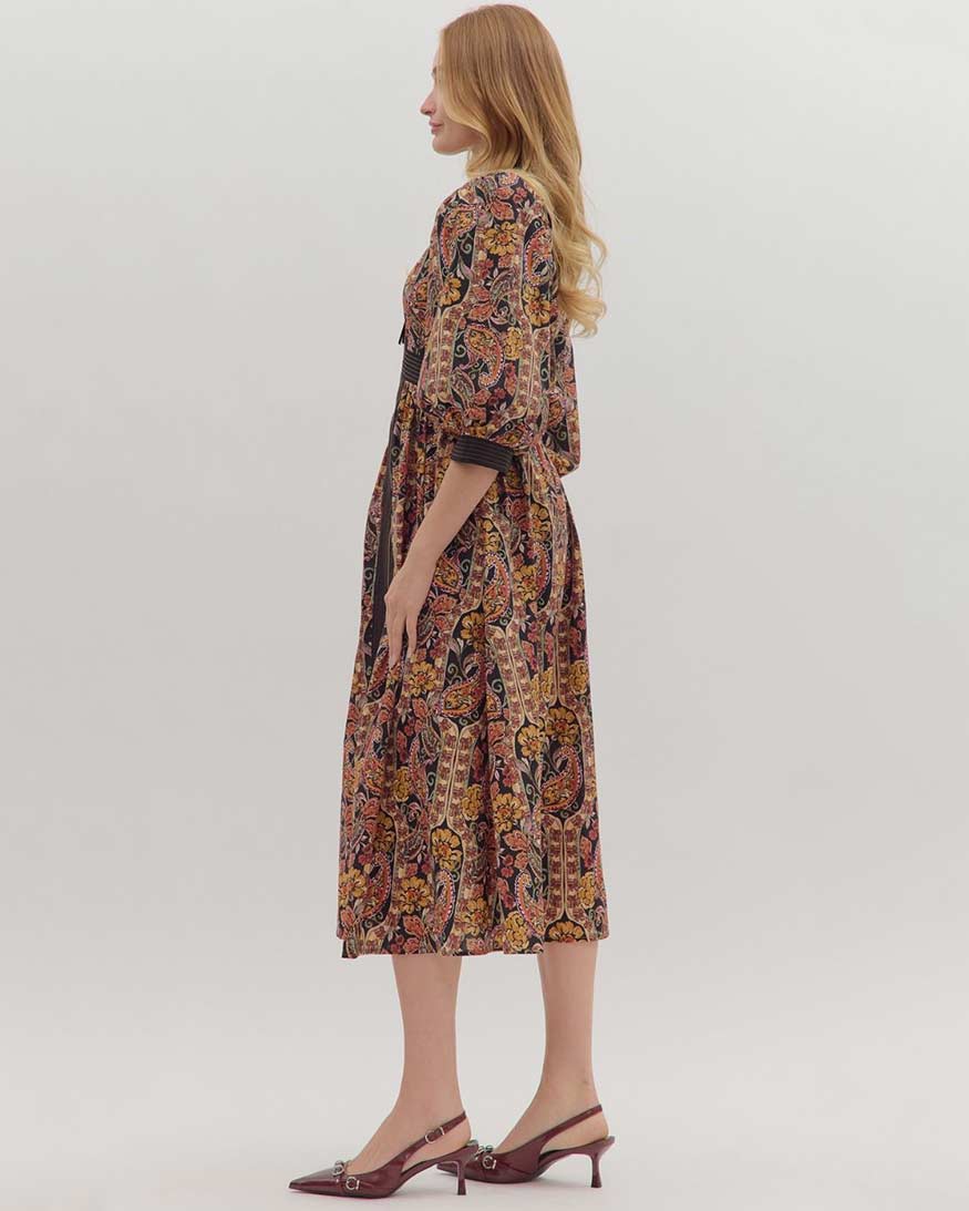 Verena Paisley Puff Sleeve Midi Dress M