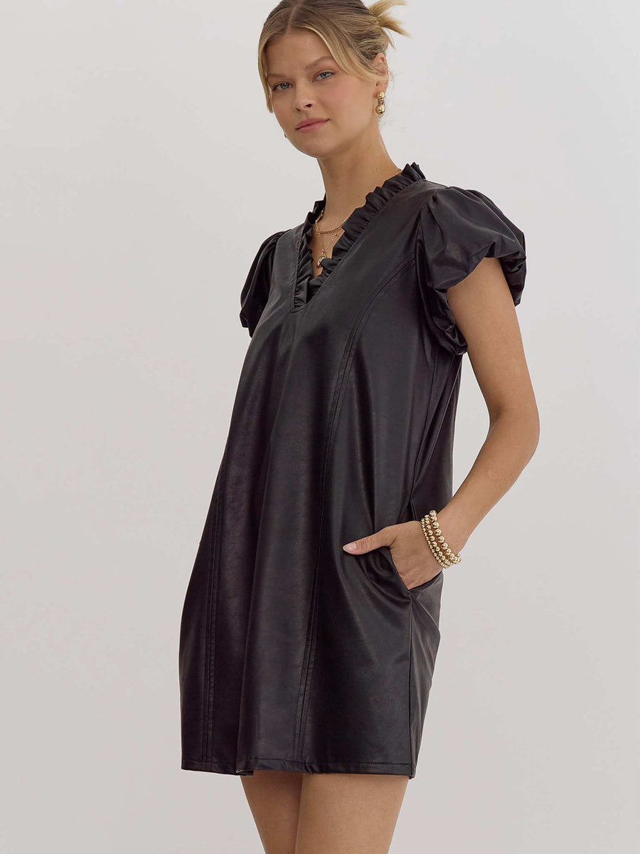 Faux Leather Ruffle Dress in Black M