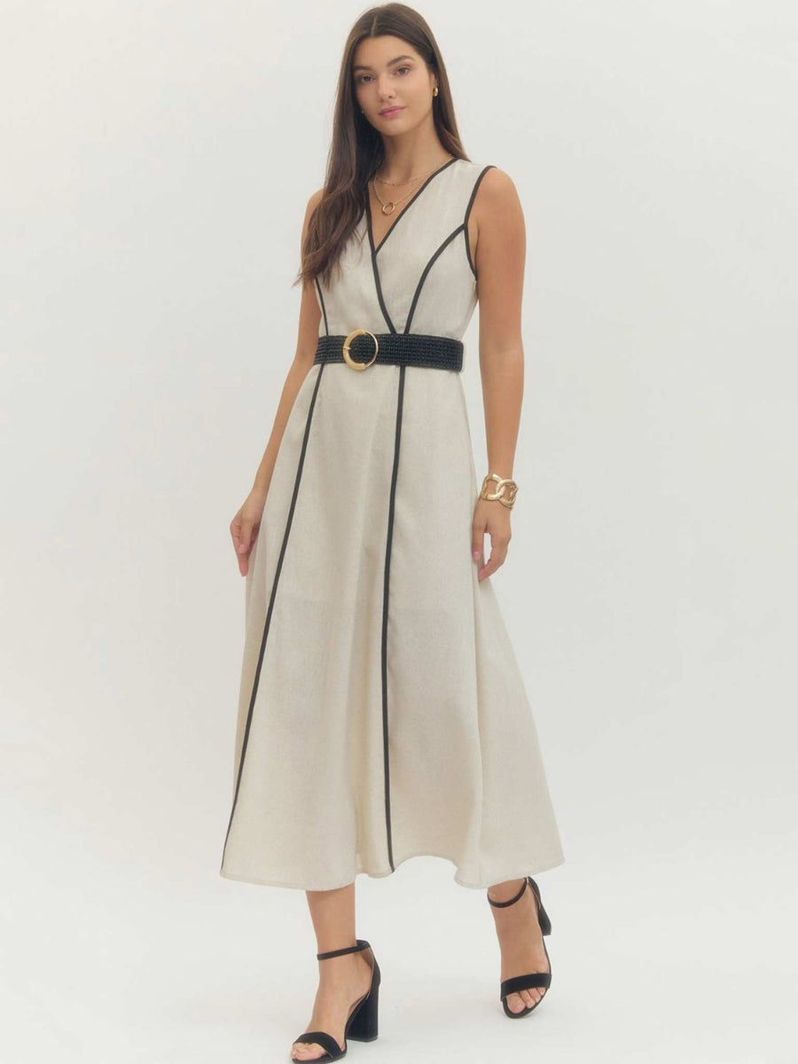 Sleeveless Linen Belted Wrap Midi Dress in Natural by Entro – Casual Camel  Boutique