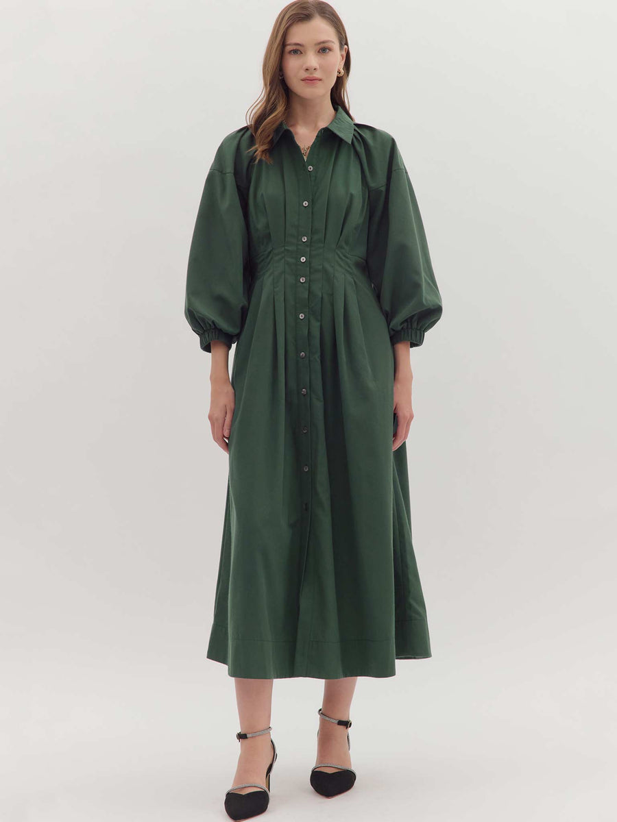 slim fit dress slacks Entro Hunter Green Pleated Button Front Midi Dress L