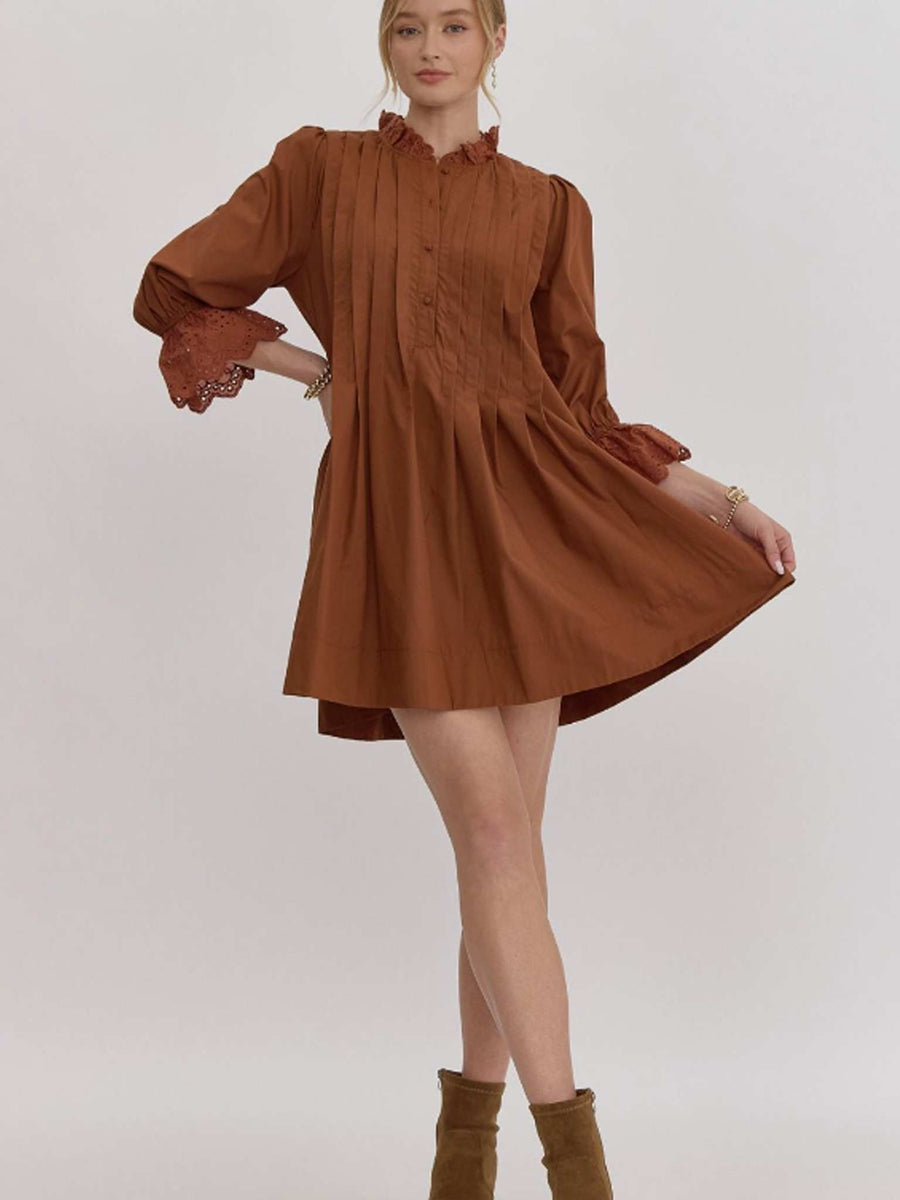 Pleat Mini Dress Brown / L