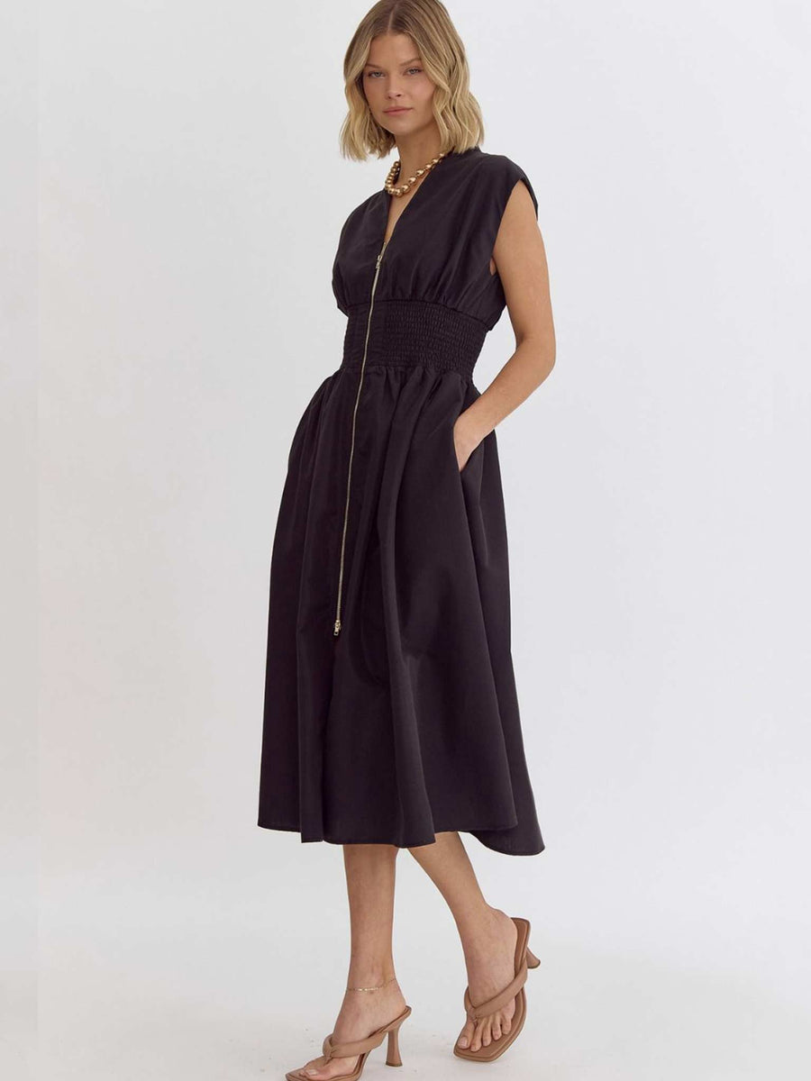 Zipper Black Midi Dress