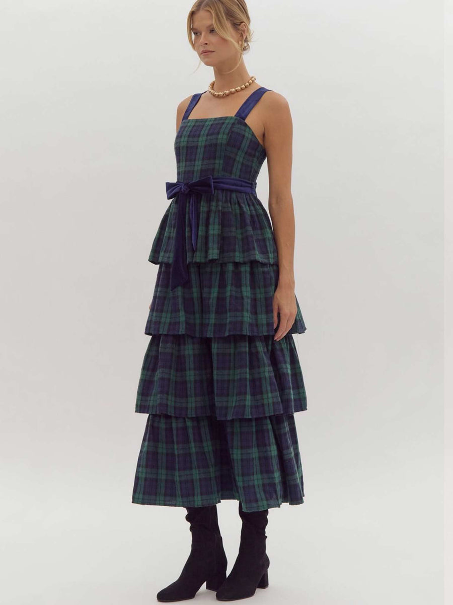 Green Tartan Tiered Maxi Dress