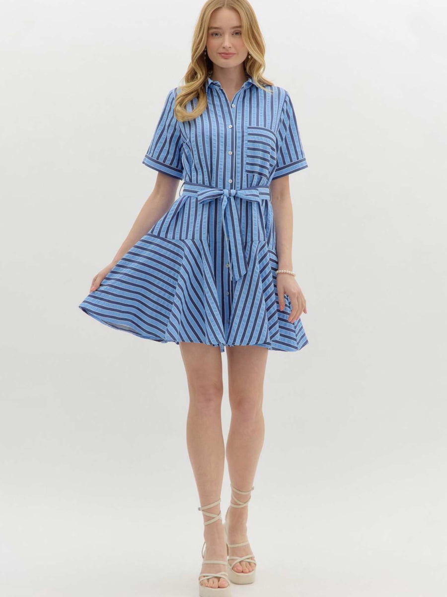 Entro Textured Blue Stripe Pattern Mini Shirt Dress L