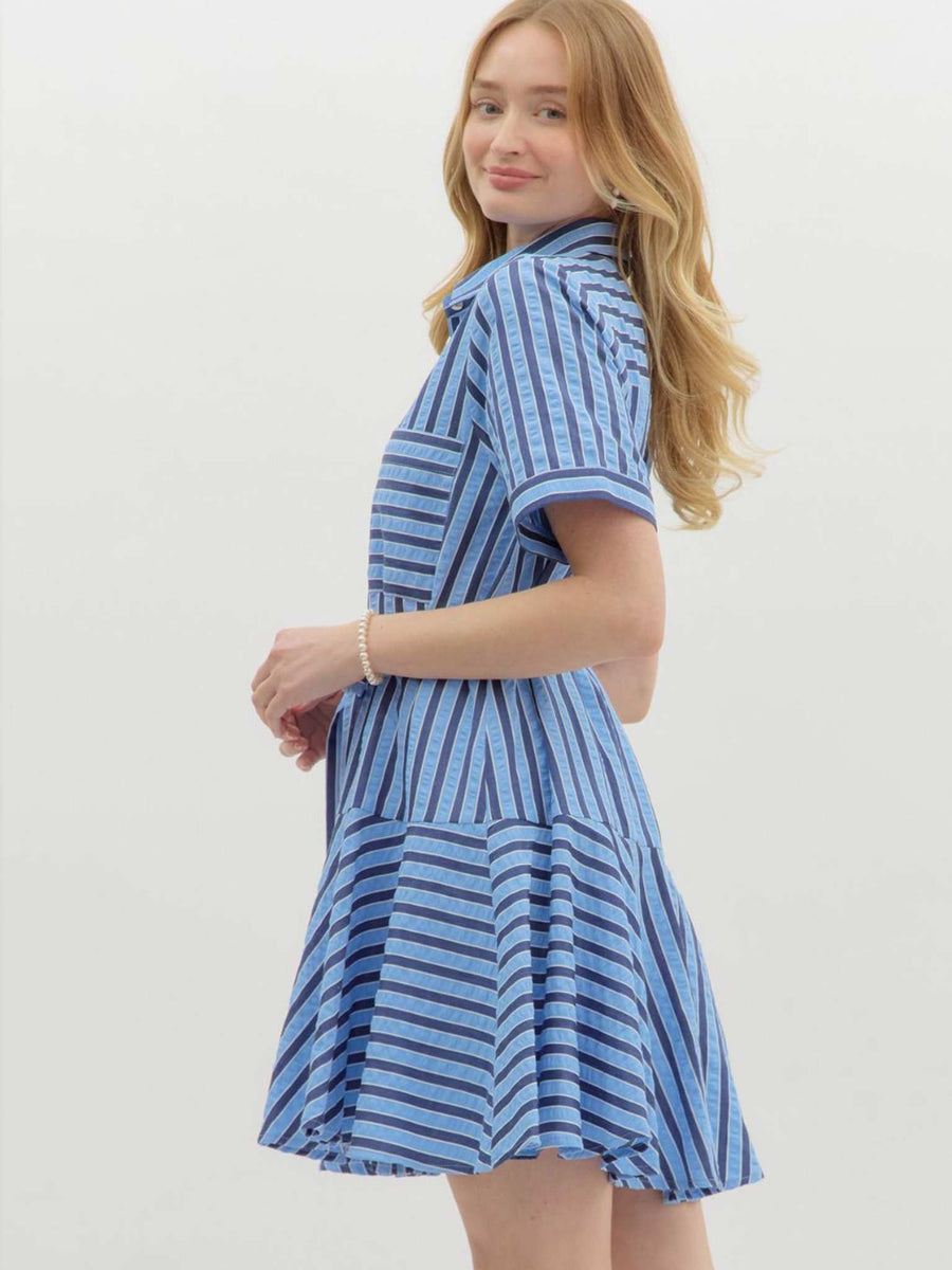 Entro Textured Blue Stripe Pattern Mini Shirt Dress Casual Camel Boutique Entro Textured Blue Stripe Pattern Mini Shirt Dress Casual Camel Boutique