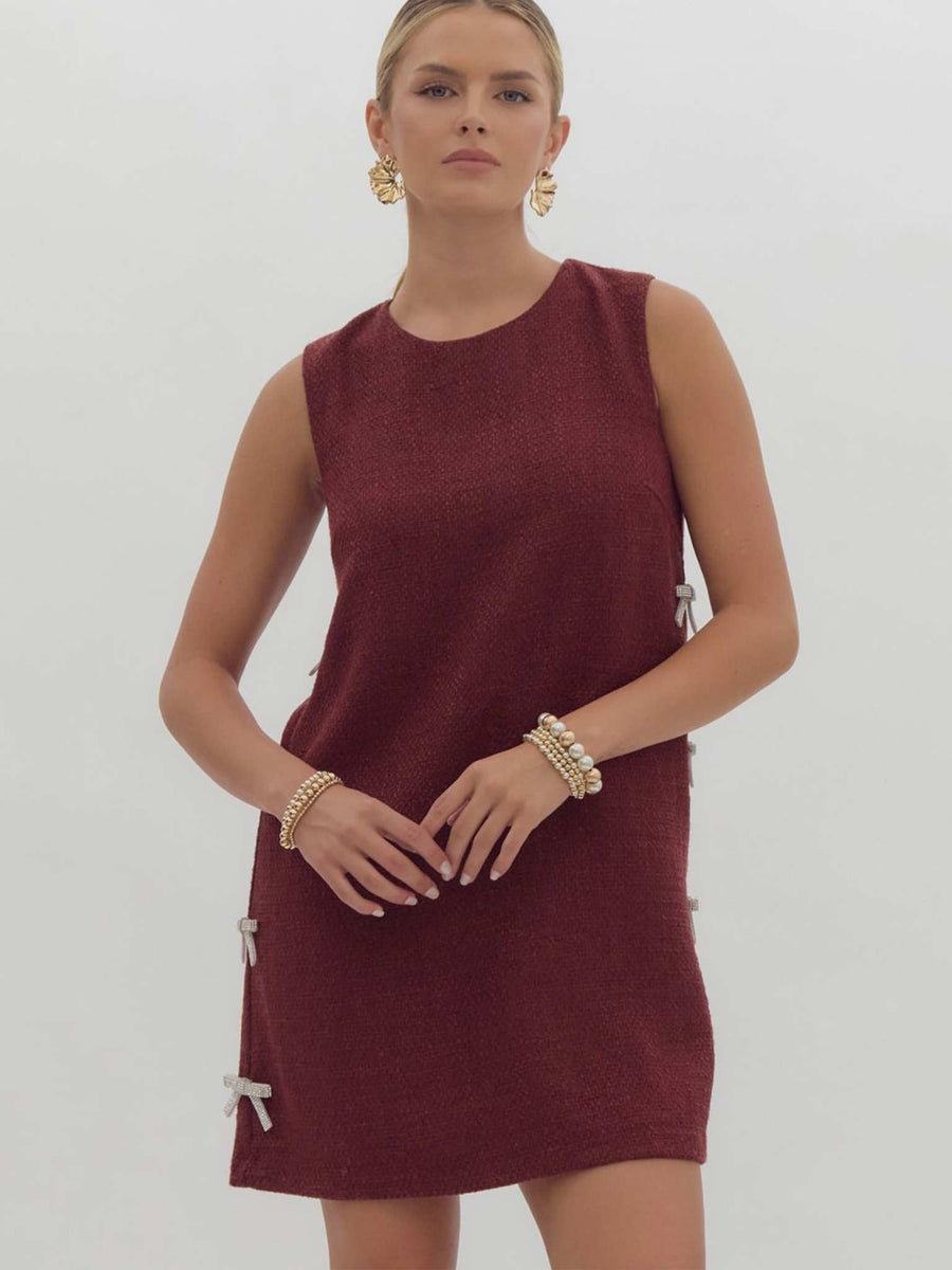 Textured Embellished Bow Mini Dress