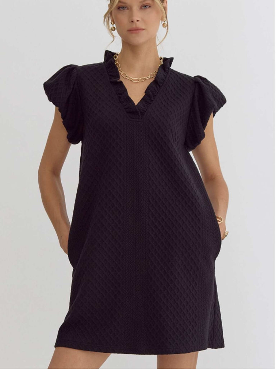 Black Textured Ruffle Neck Dress by Entro XL