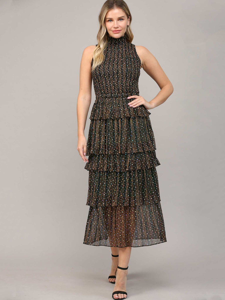 chinese dress ladies Tiered Black Metallic Maxi Dress