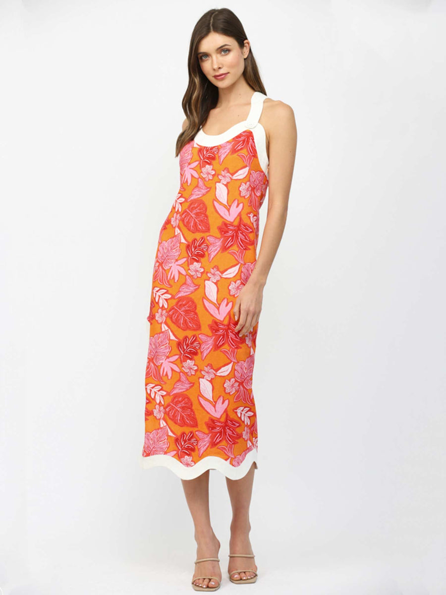 can print linen blend strappy midi dress Leaf Print Strappy Linen Blend Midi Dress