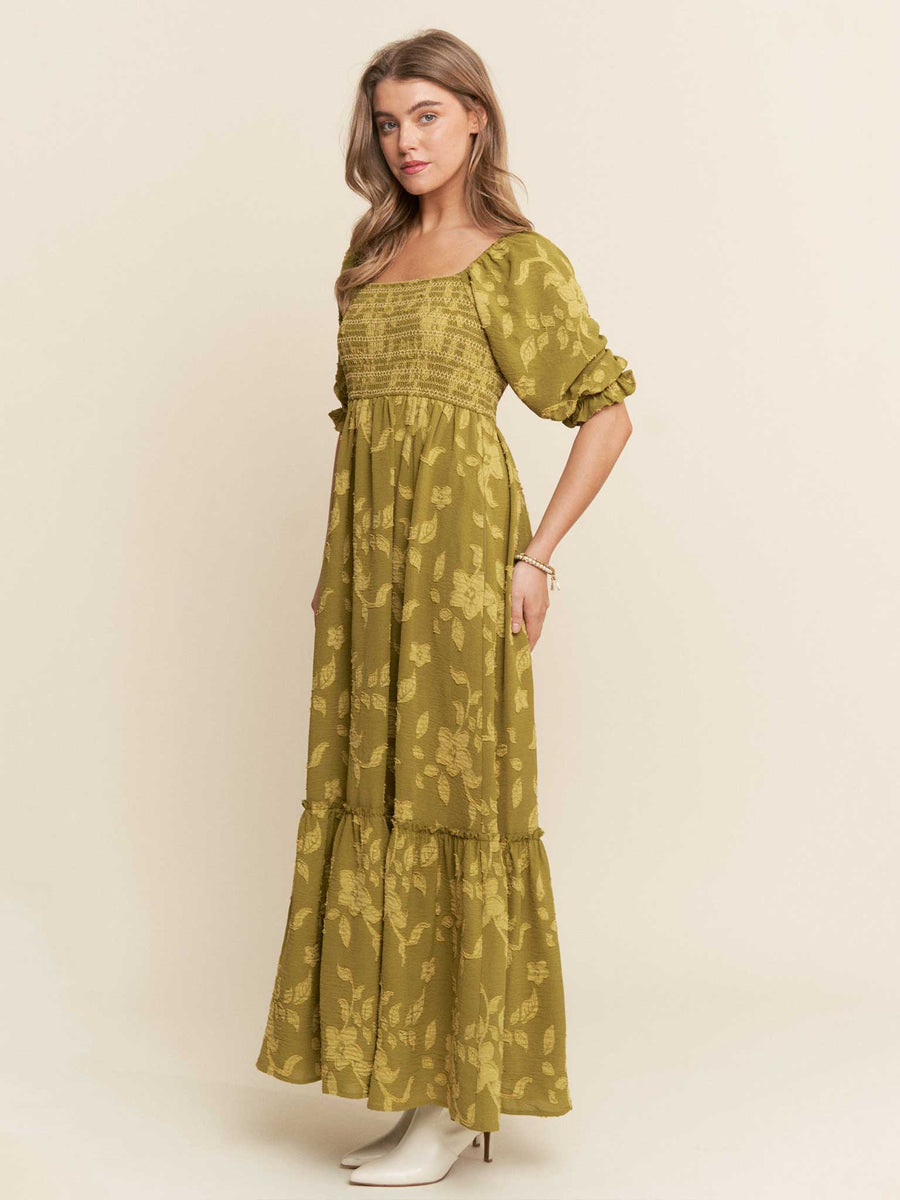 Smocked Floral Olive Green Maxi Dress by J.Nna S Smocked Floral Olive Green Maxi Dress by J.Nna S