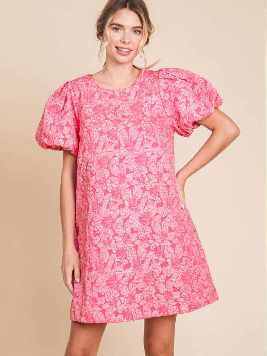 jodi mini dress Jodifl Jacquard Puff Sleeve Mini Dress – Casual Camel Boutique