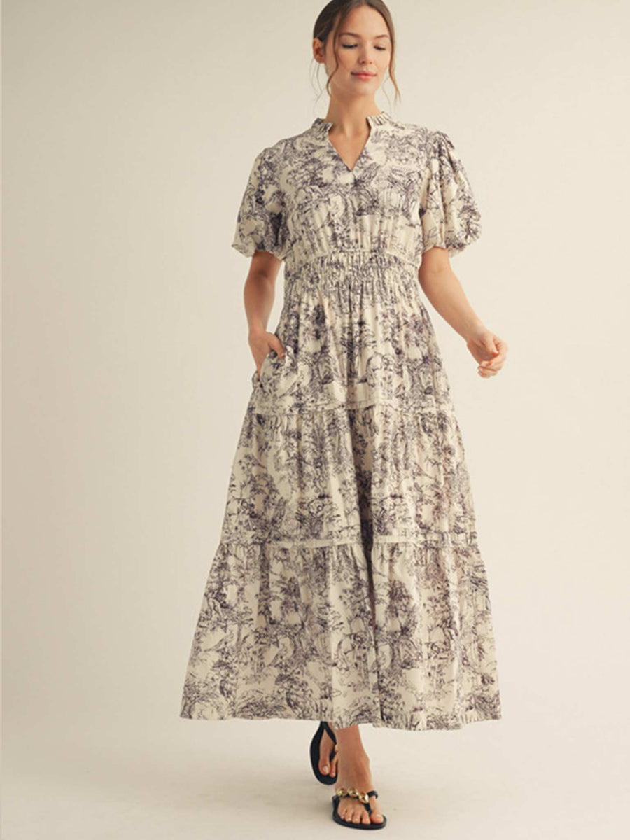 knee length dresses for ladies Frill Neck Toile Maxi Dress