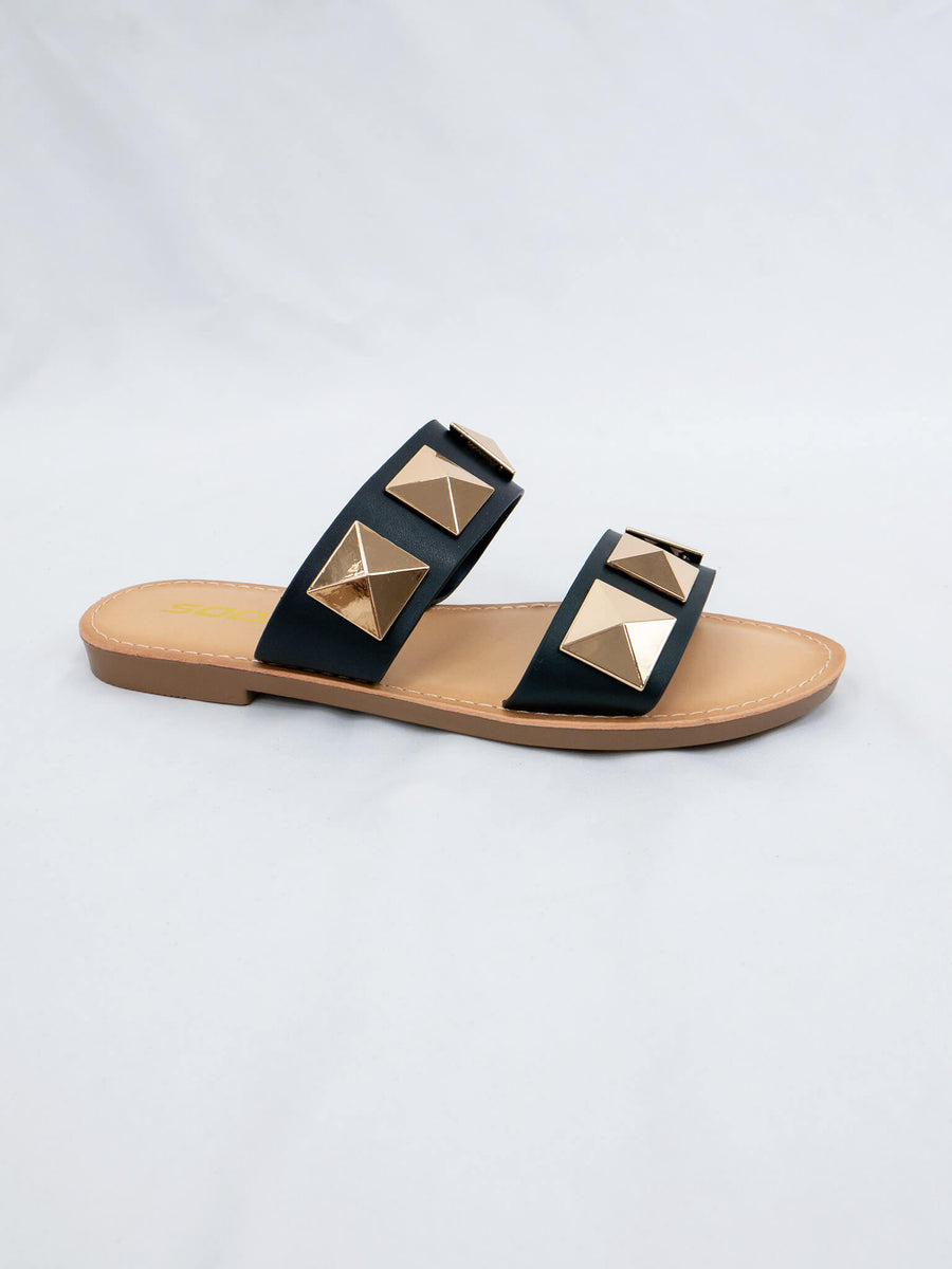 THICK-SOLED SLIDES IN BLACK SMOOTH LAMBSKIN LOGO WITH CRYSTALS