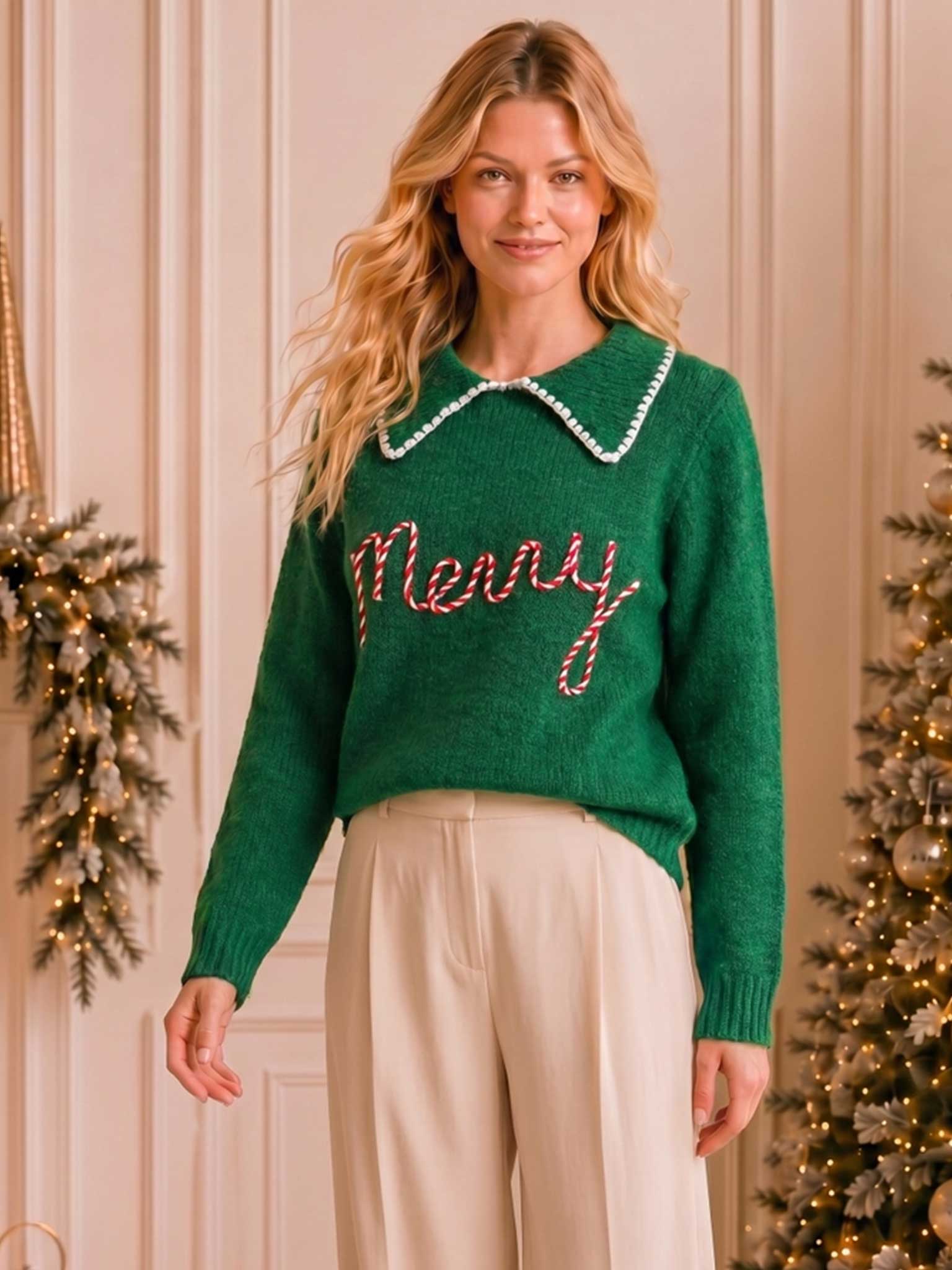 Merry Embroidered Collar Knit Sweater in Kelly green with candy cane striped Merry lettering and white trimmed oversized collar.