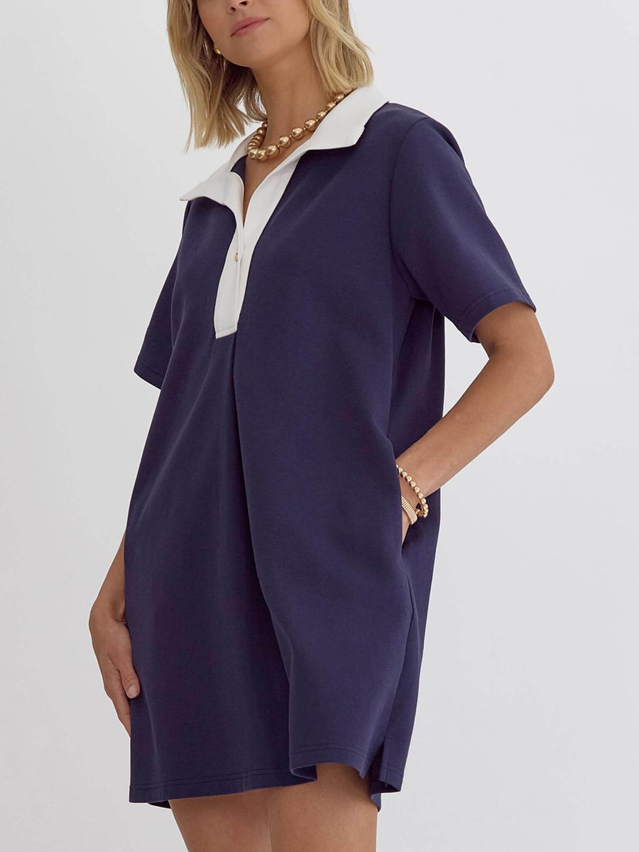 Navy and White Collar Dress by Entro  Casual Camel Boutique
