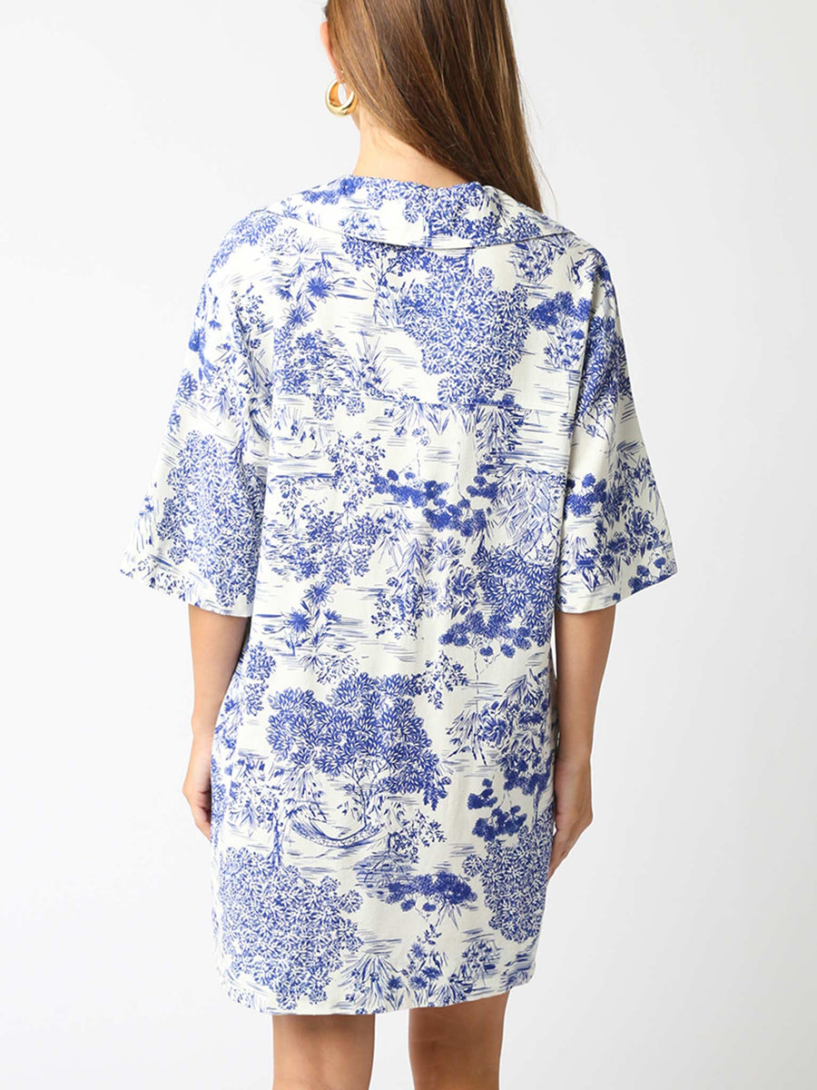 Linen Blue and White Collared Dress