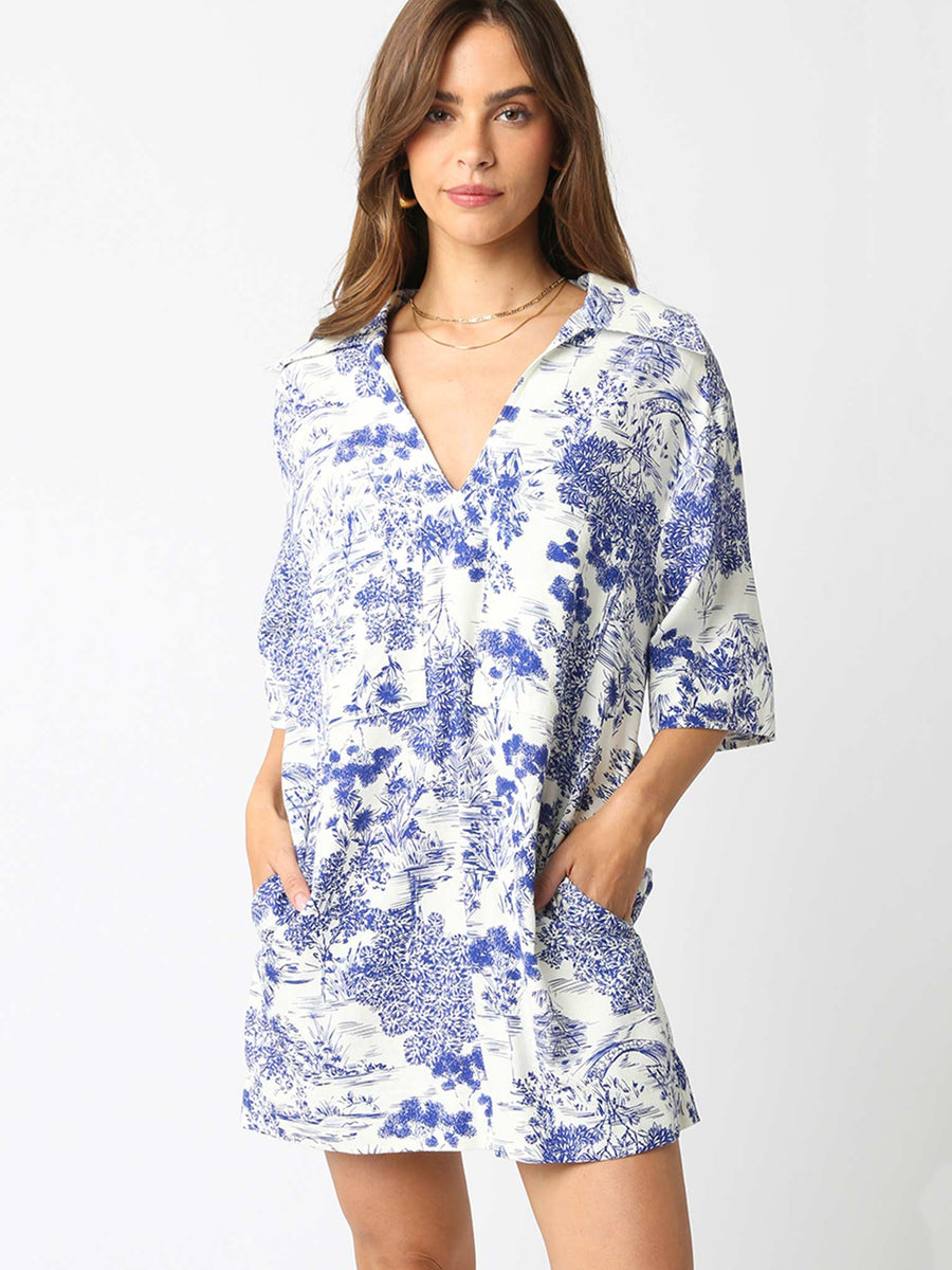 Olivaceous Linen Blue and White Collared Dress S