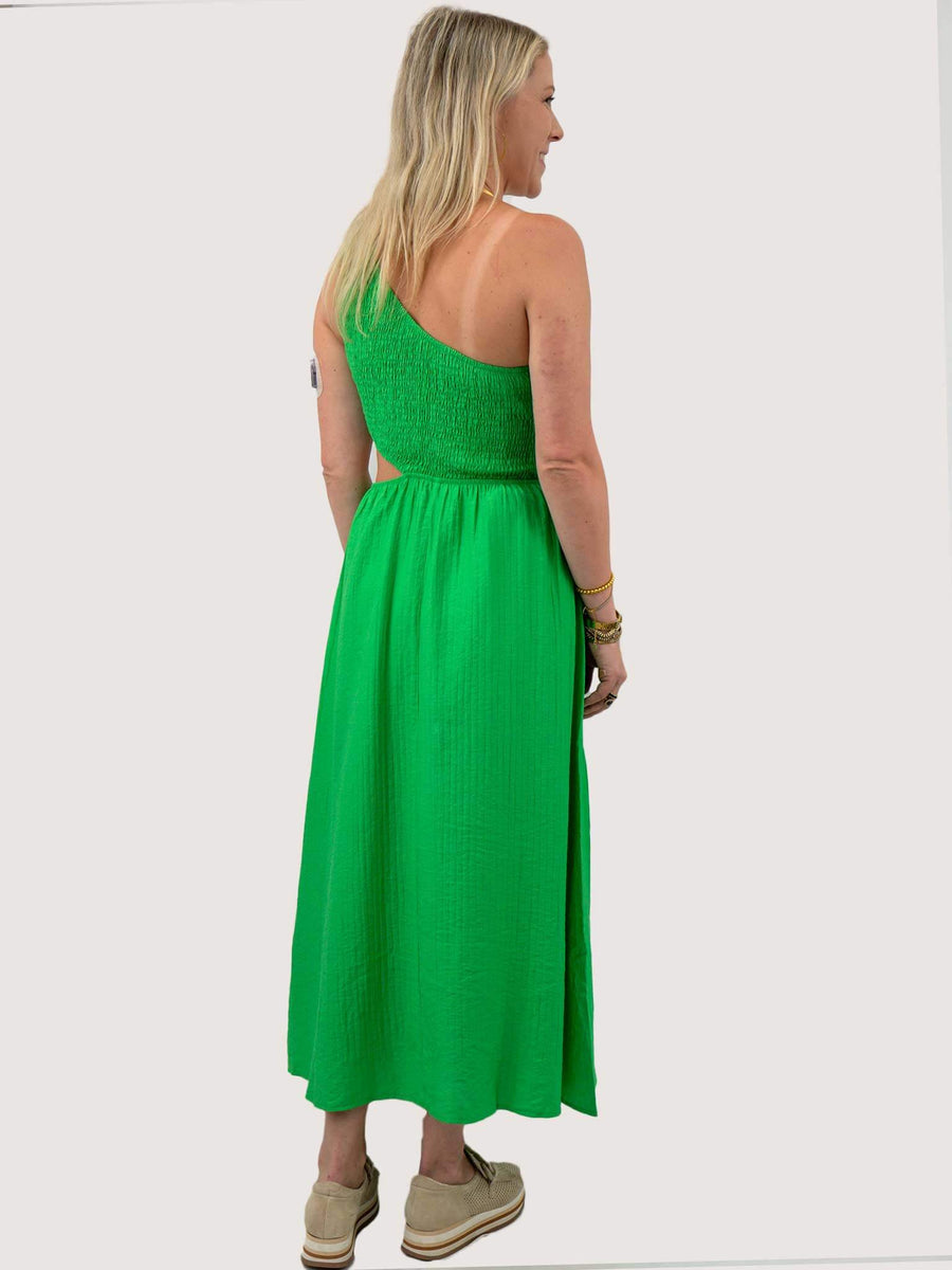 kelly green one shoulder dress One Shoulder Shawl Dress in Kelly Green – Alejandra Alonso Rojas main image 0