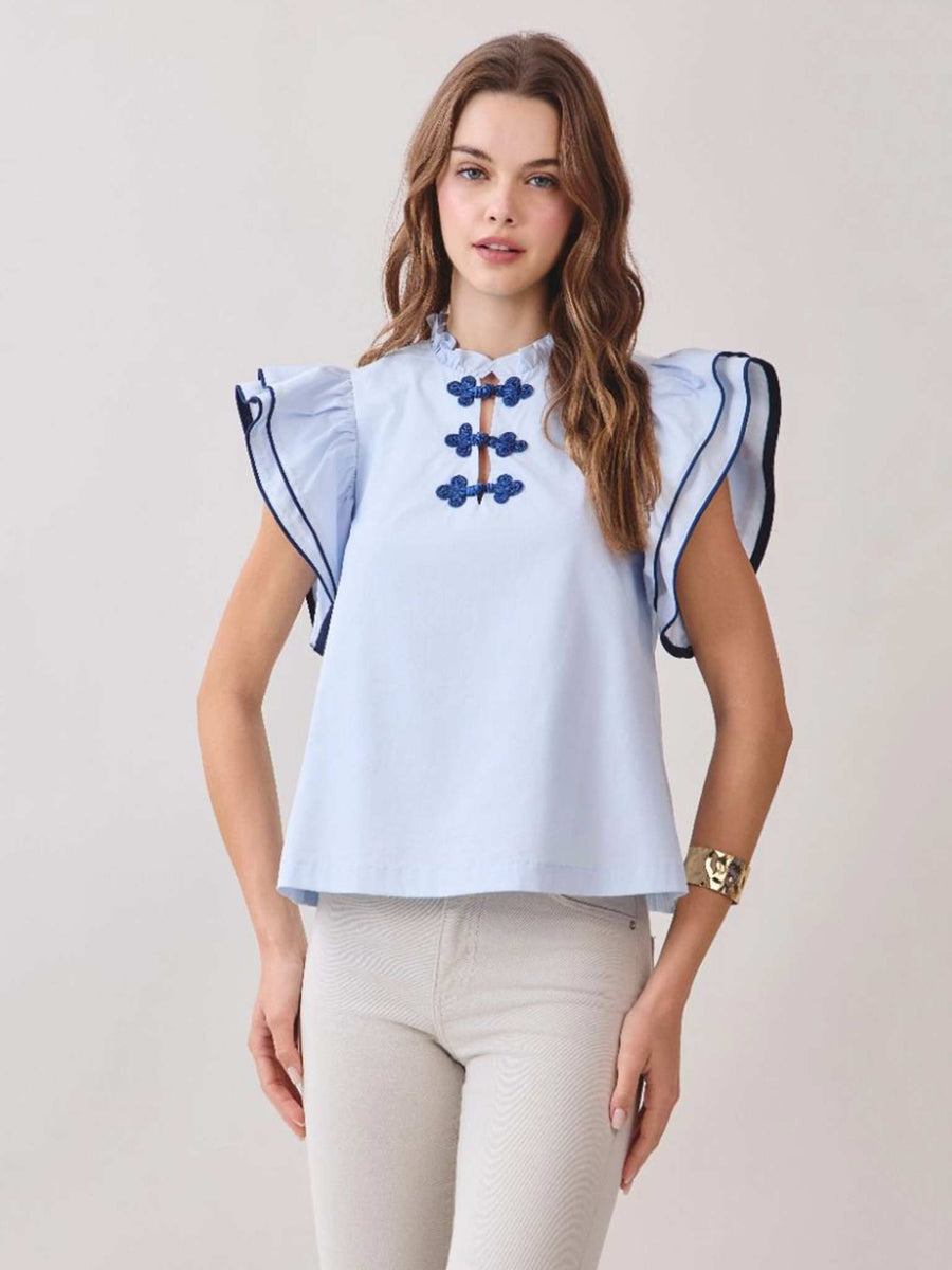 TCEC Baby Blue Ruffle Sleeve Top with Frog Closures – Casual Camel