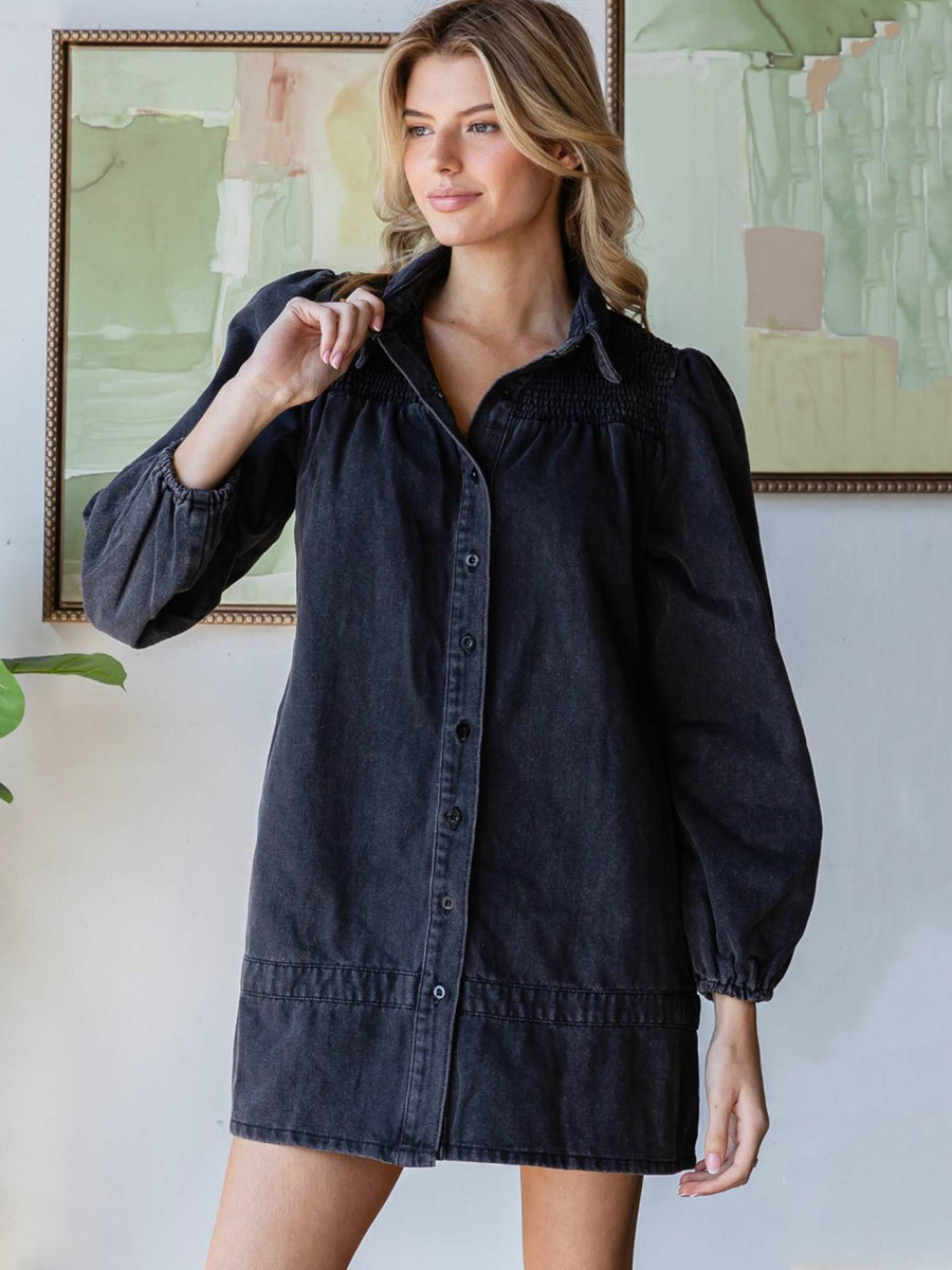 Washed Denim Puff Sleeve Shirt Dress with Smocked Detail by Veveret M