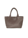 Brown woven handbag on a white background