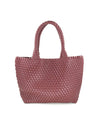 Burgundy woven handbag on a white background