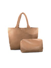 Taupe woven handbag and clutch on a white background