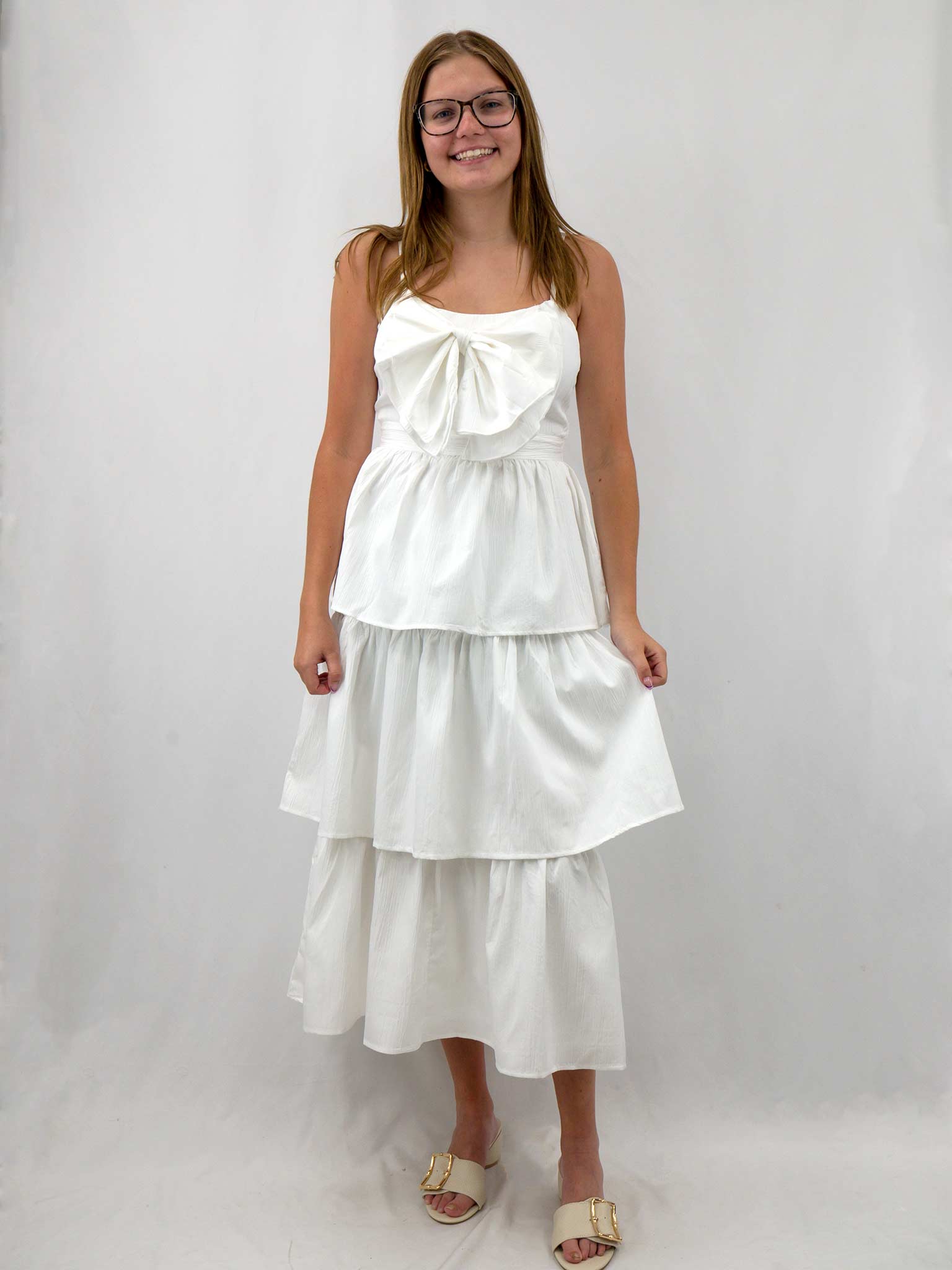White Bow Front Tiered Maxi Dress by TCEC S White Bow Front Tiered Maxi Dress by TCEC S