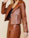 camel vegan leather biker jacket on model