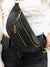 black genuine leather belt bag on model closeup