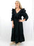 black dramatic ruffle sleeve maxi on model from front