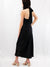 satin black high neck halter dress on model from side